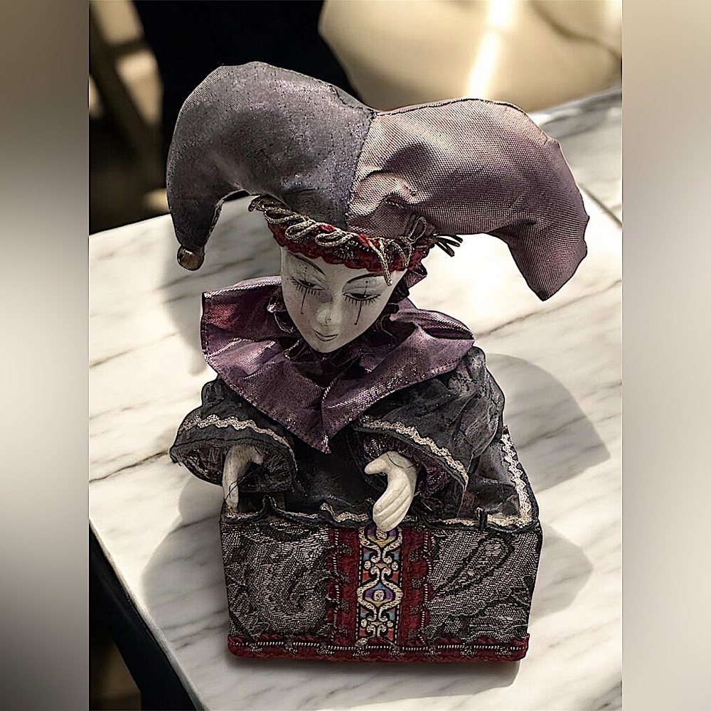 Vintage Moving Musical Jester Clown Figurine Purple Gray - OS